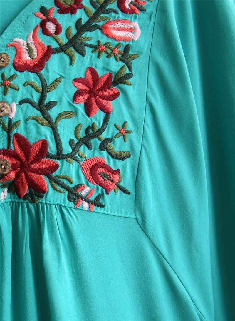 Kafeimali Women's Summer Mini Dress Bohemian Embroidery Tunic Shift Blouse (Light blue) - Image 2